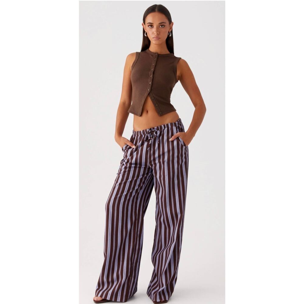 Peppermayo Fresh Face Linen Low Rise Baggy Pants in Brown and Purple Stripes, 4